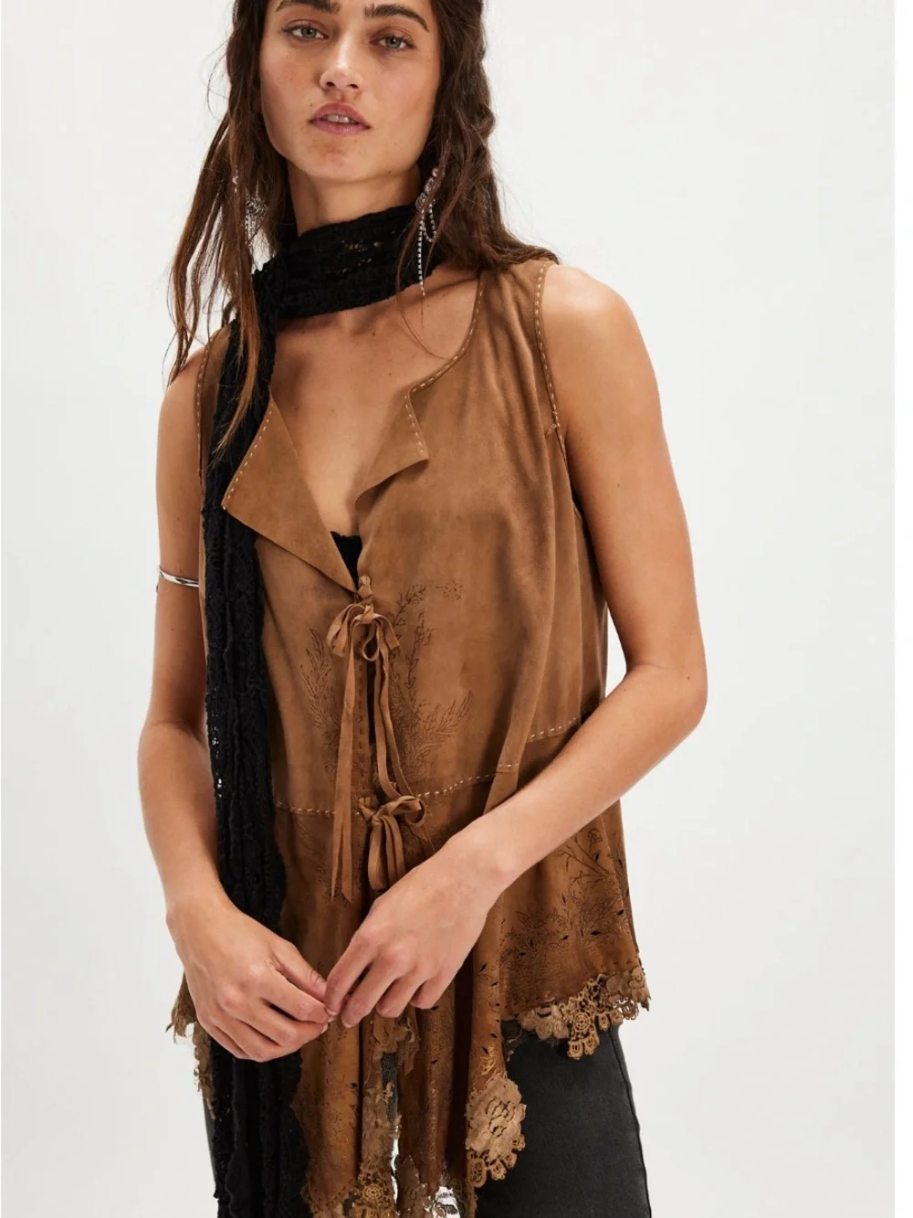 Nigel Preston & Knight Lace Trim Suede Bolero Vest- Women